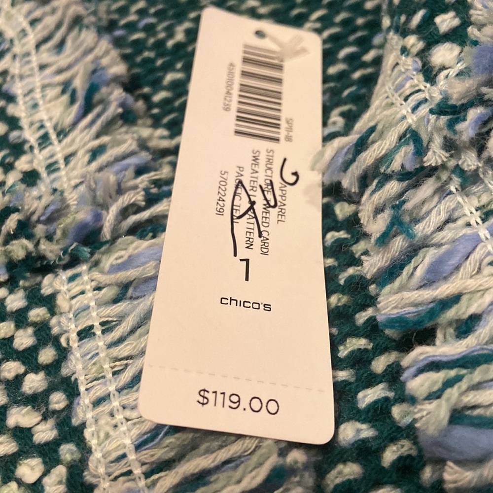 CHICO’S NWT Open Front Structured Tweed Teal Cardigan Size 1 (M) MSRP $119 - Picture 7 of 10